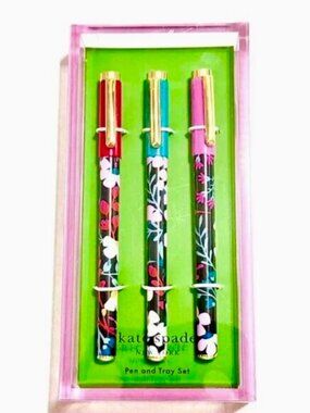 Kate Spade Set of 3 Floral Pens + Acrylic Desk Tray NEW